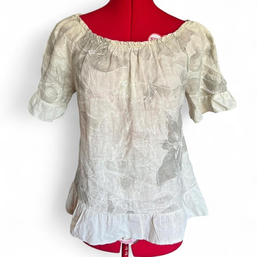 Terzo Millenio Linen Cotton Beige Floral‎ Ruffle Hem Size Large Boho Cottagecore